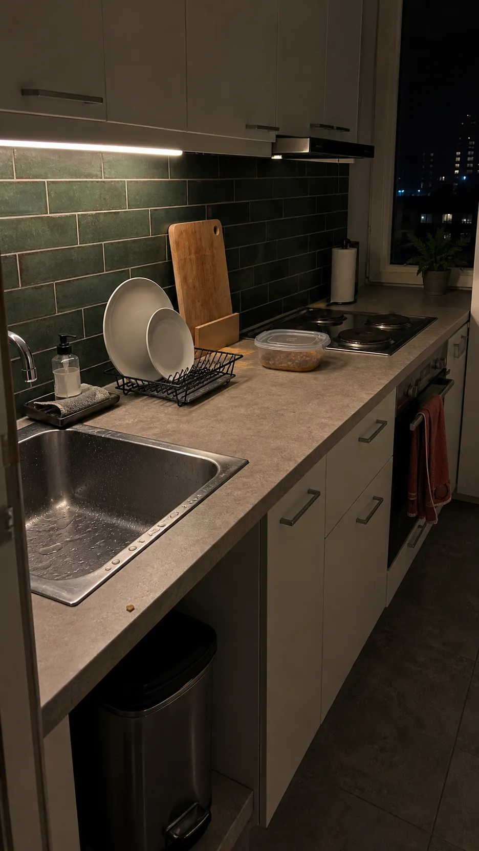 Small apartment kitchen after a simple nightly counter and dish reset