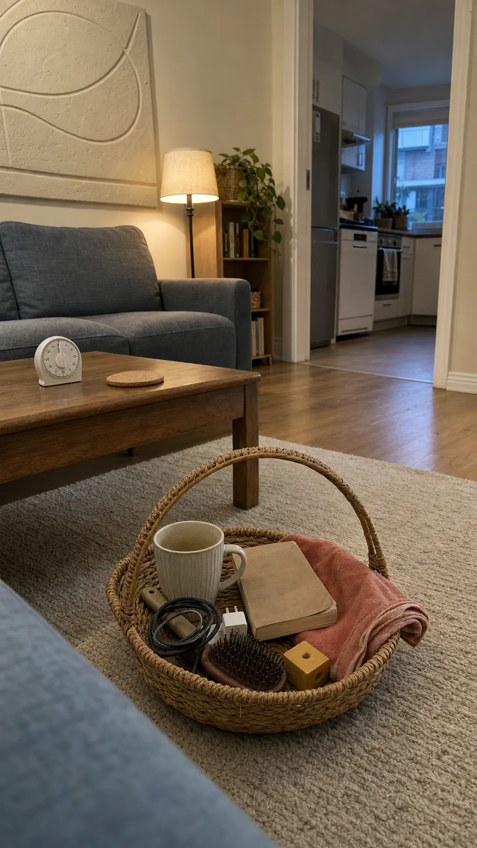 Small carry basket used for a ten-minute tidy home reset