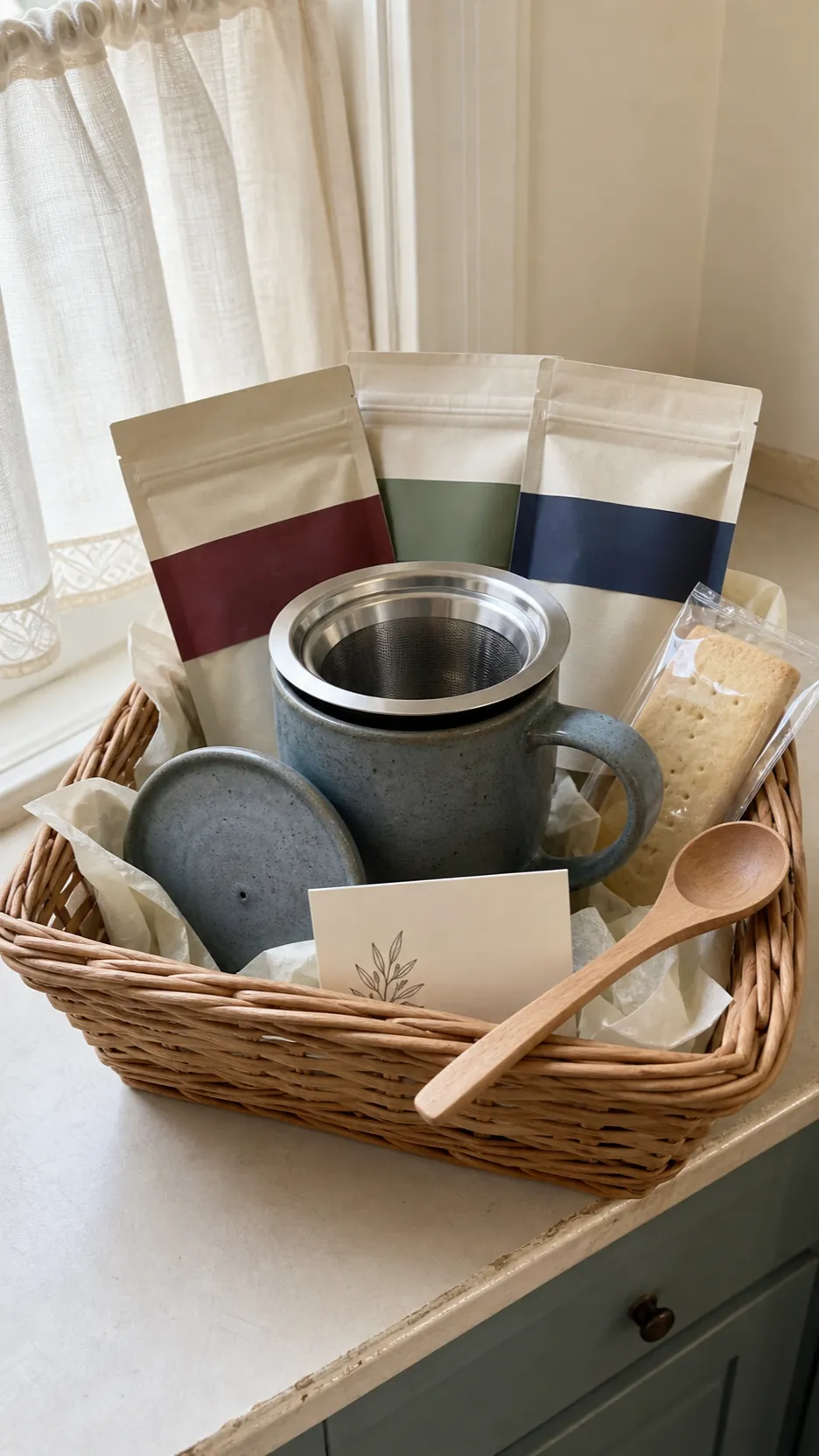 Thoughtful beginner tea basket with mug infuser and small tea samplers