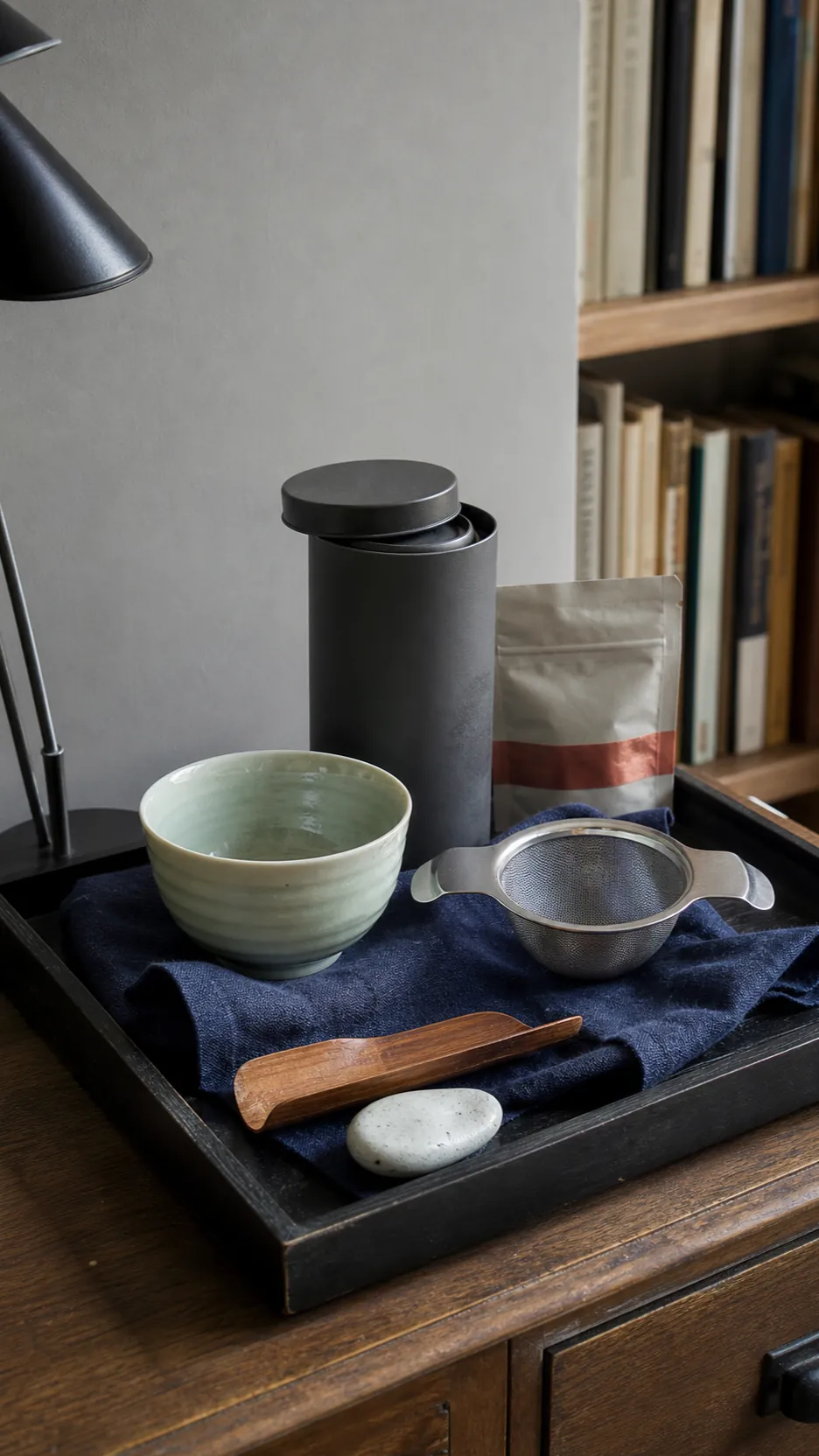Refined tea accessory gift with ceramic cup strainer scoop and storage tin