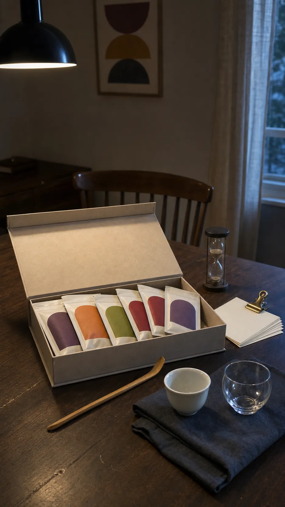 Tea lover gift basket arranged as a tasting flight with small sealed samples