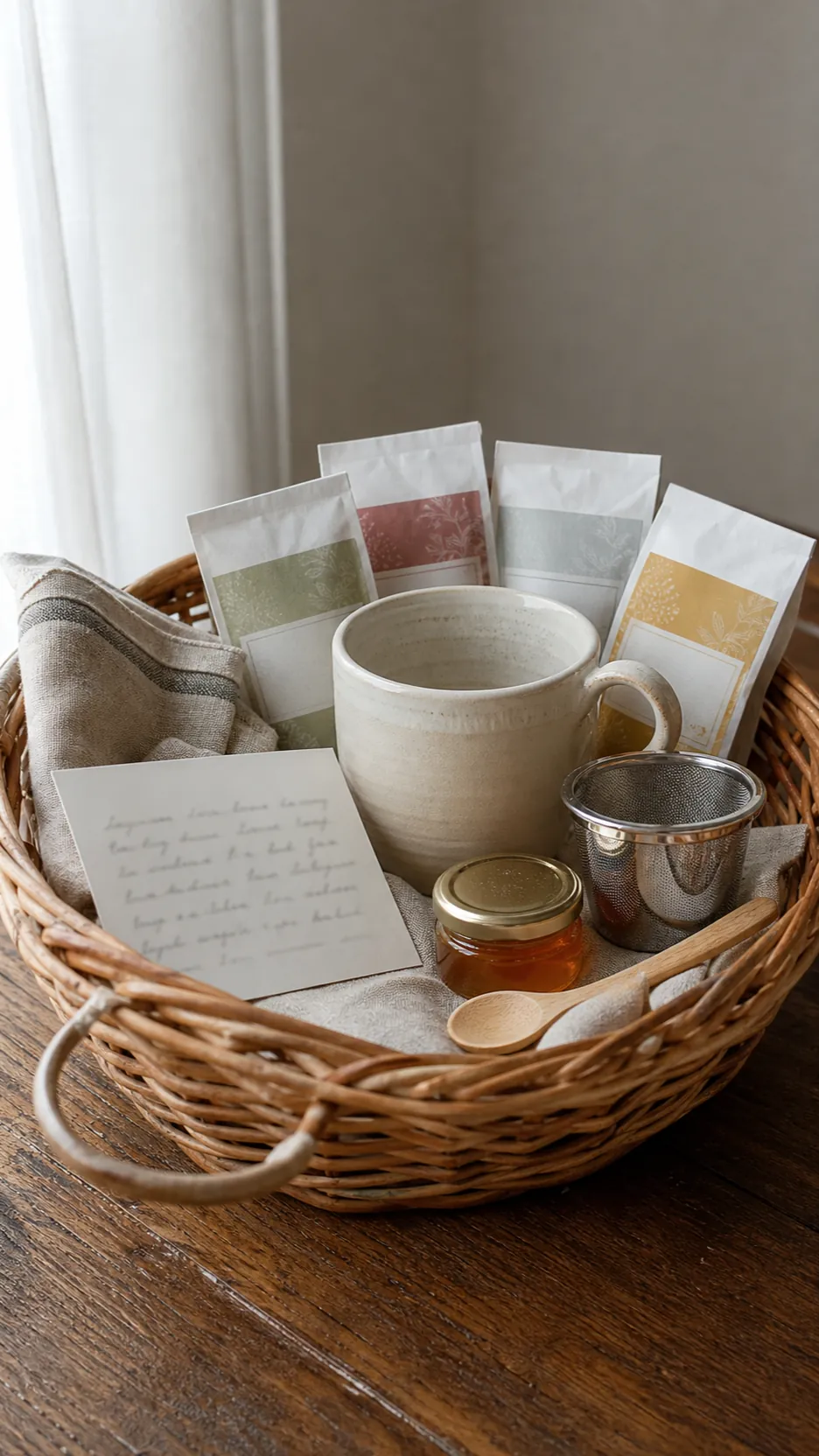 Thoughtful tea basket with ceramic mug samplers honey and linen ribbon