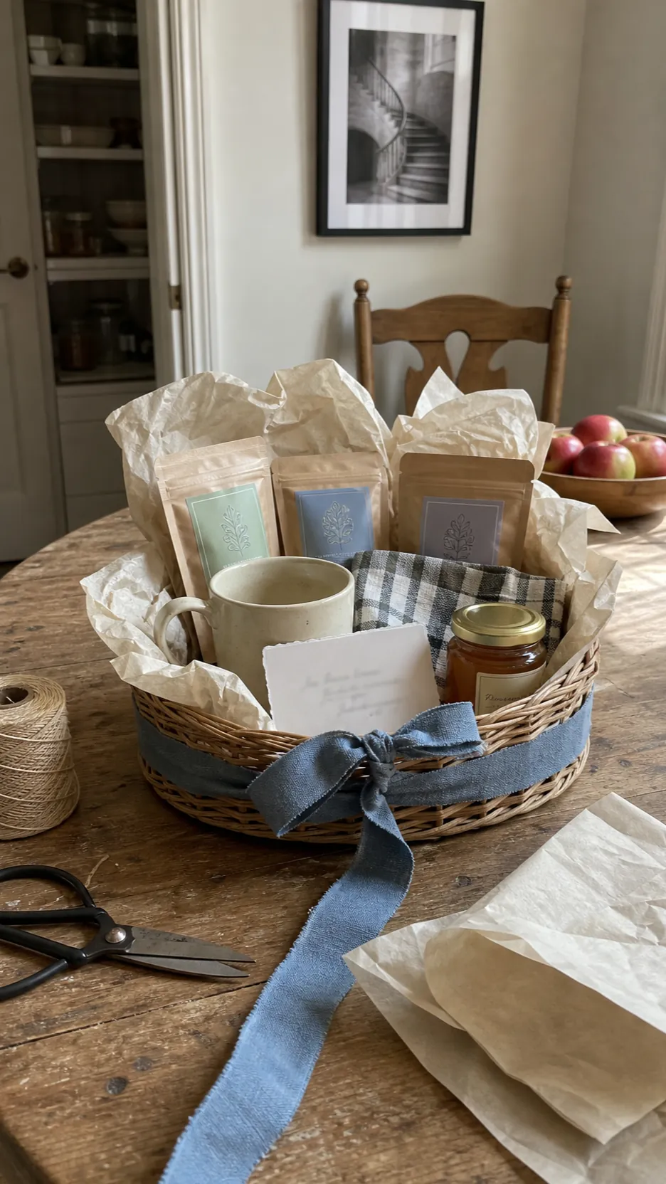 Pretty tea basket packaging with linen ribbon tissue and handwritten card