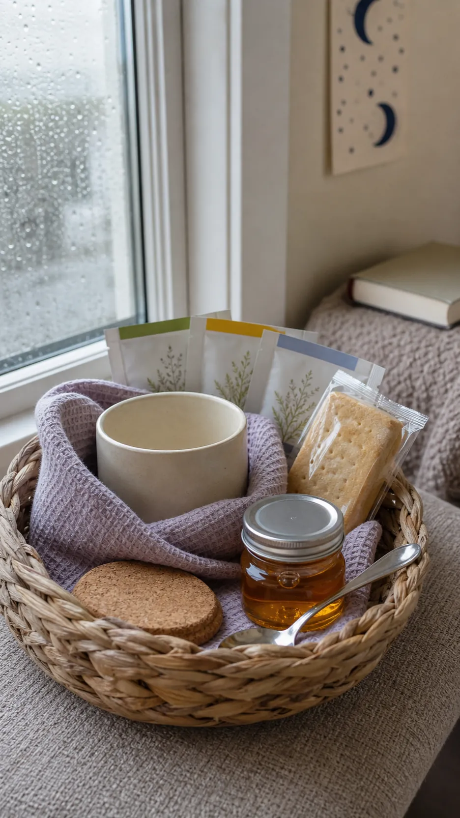 Cozy caffeine-free tea basket with herbal sampler honey and shortbread