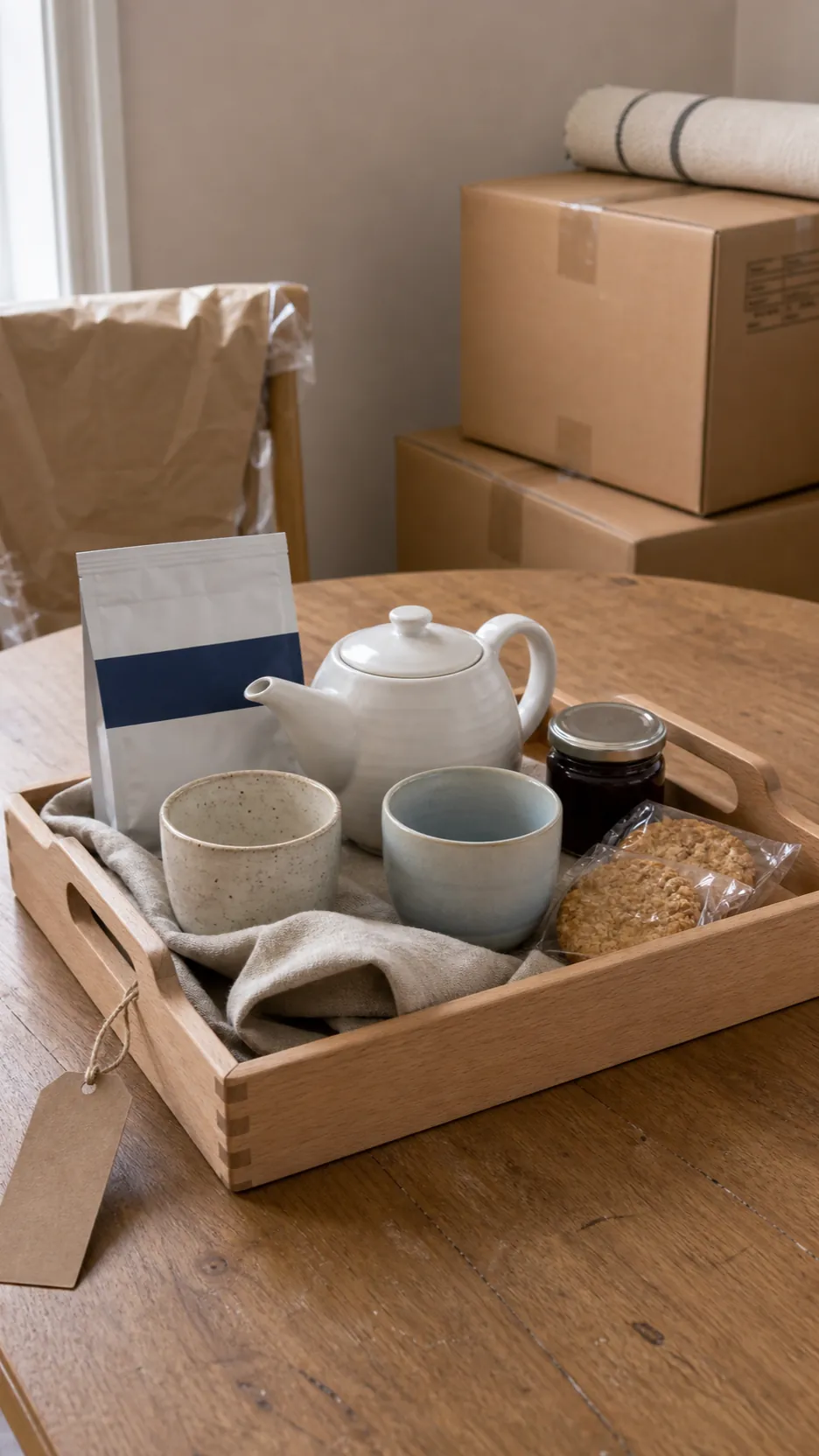 Housewarming tea gift arranged on a reusable wooden serving tray