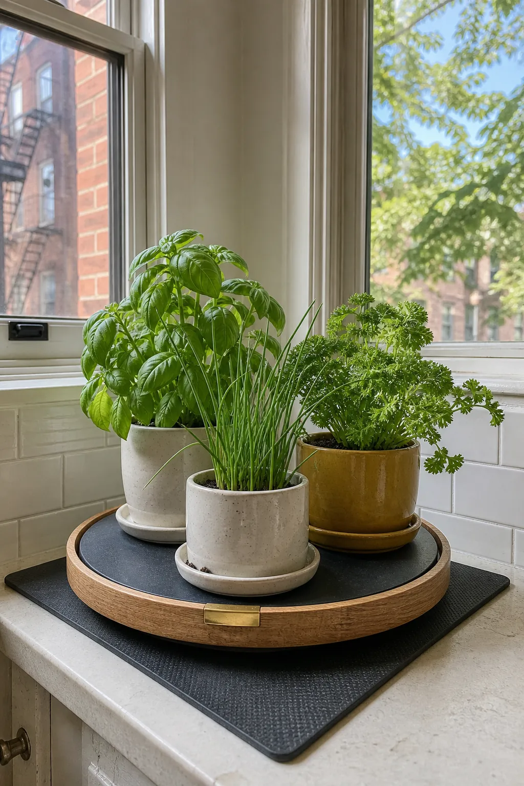 Compact corner window herb garden arranged on a stable rotating platform
