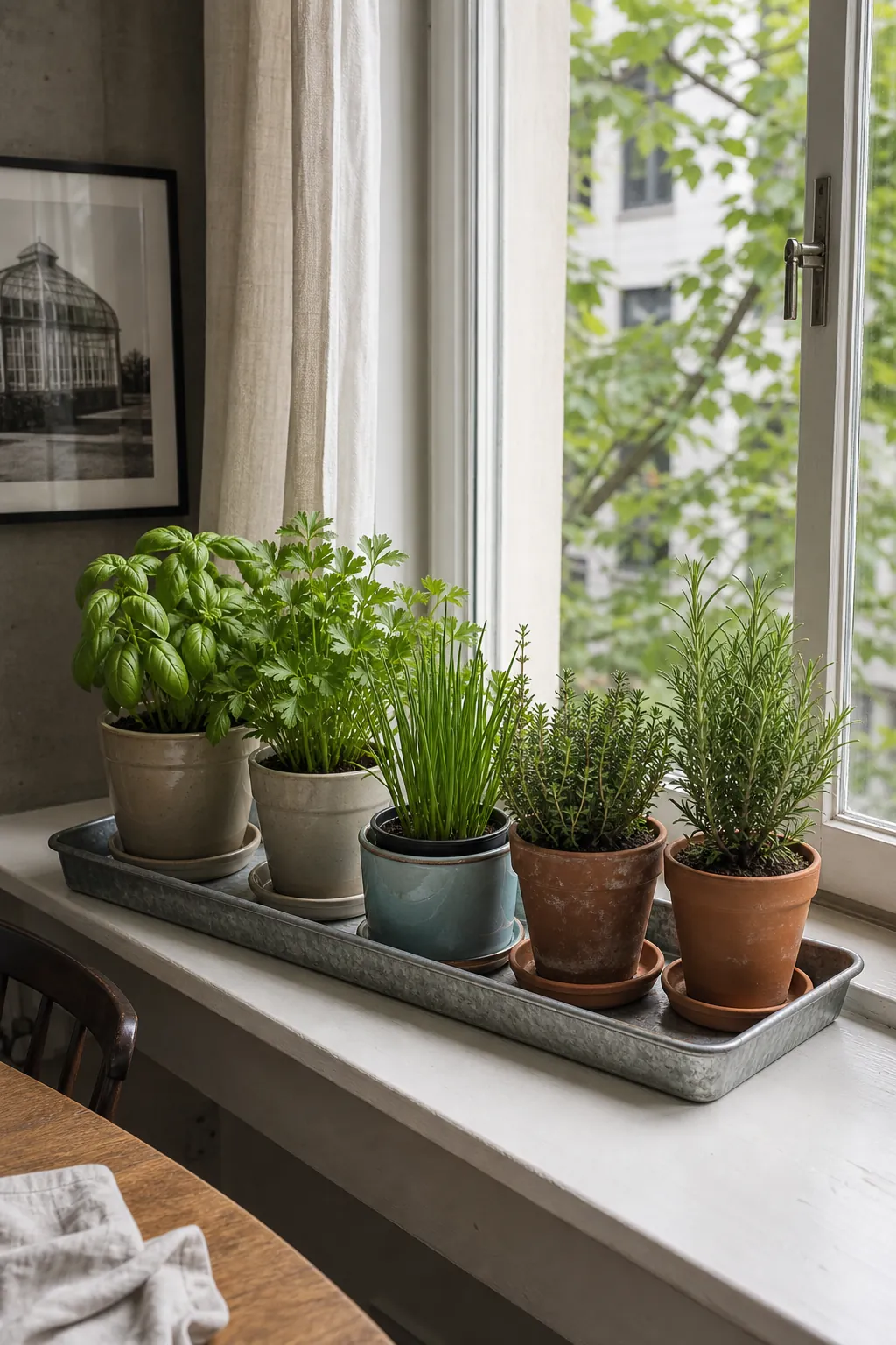 Modular windowsill herb garden with separate pots on one waterproof tray