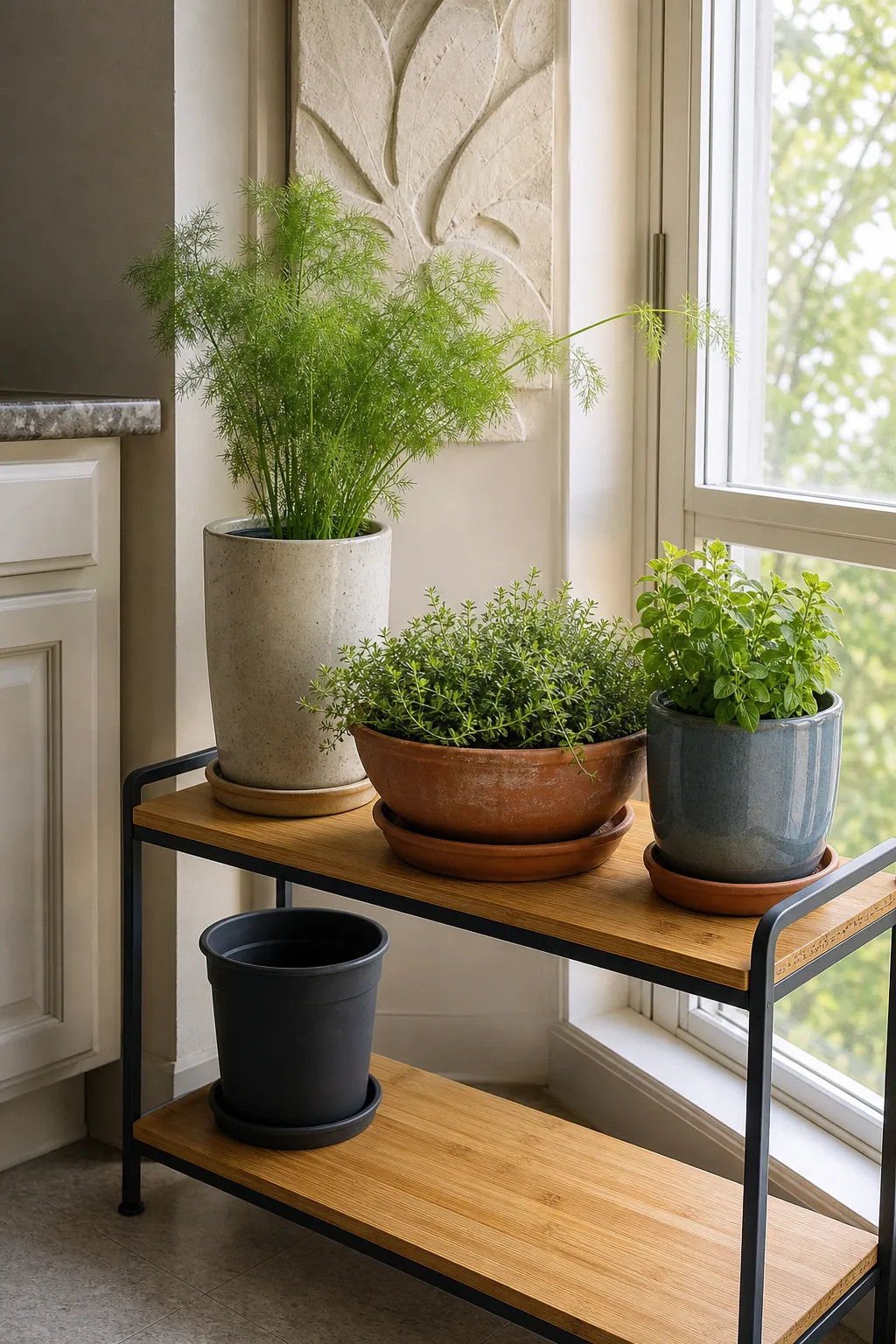 Deep dill pot and shallow thyme planter grouped at a sunny kitchen window