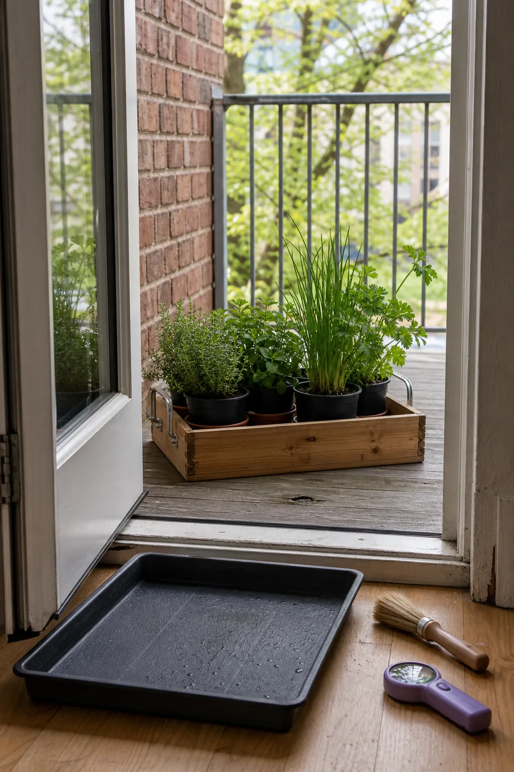 Portable herb planter moving between a kitchen window and sheltered porch