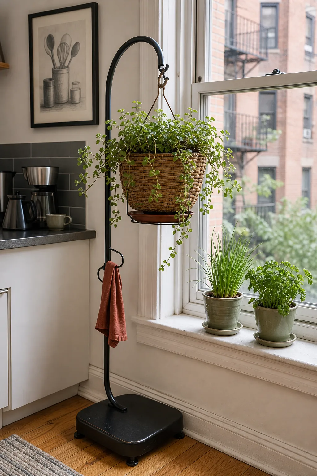 Trailing oregano in a safe side-hung basket beside a bright kitchen window