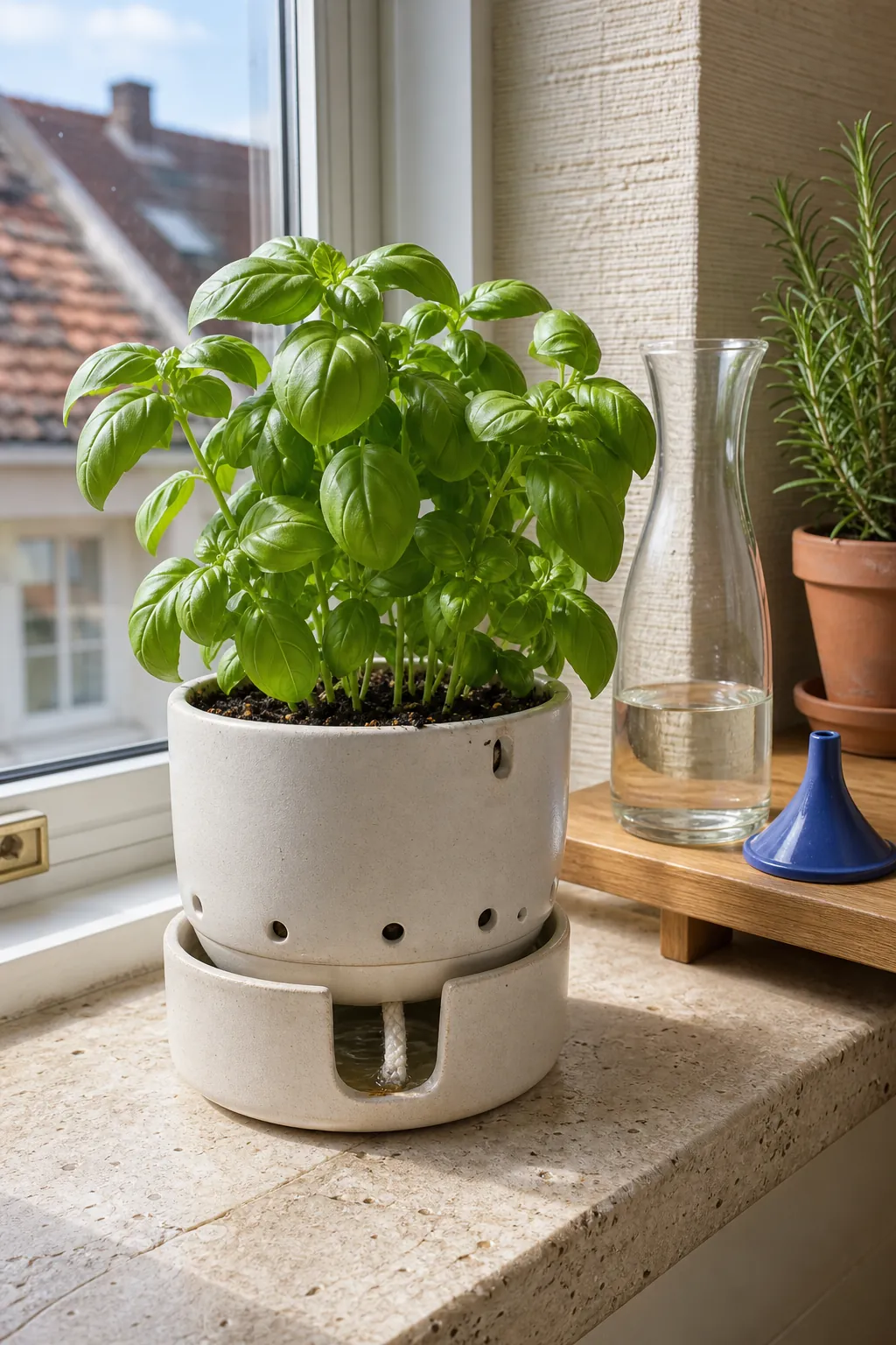 Basil growing in a simple two-piece wick reservoir planter on a windowsill
