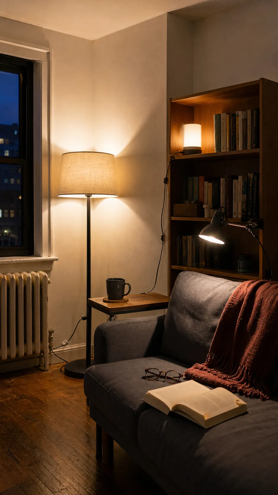 Small apartment using ambient task and accent lighting without hardwiring