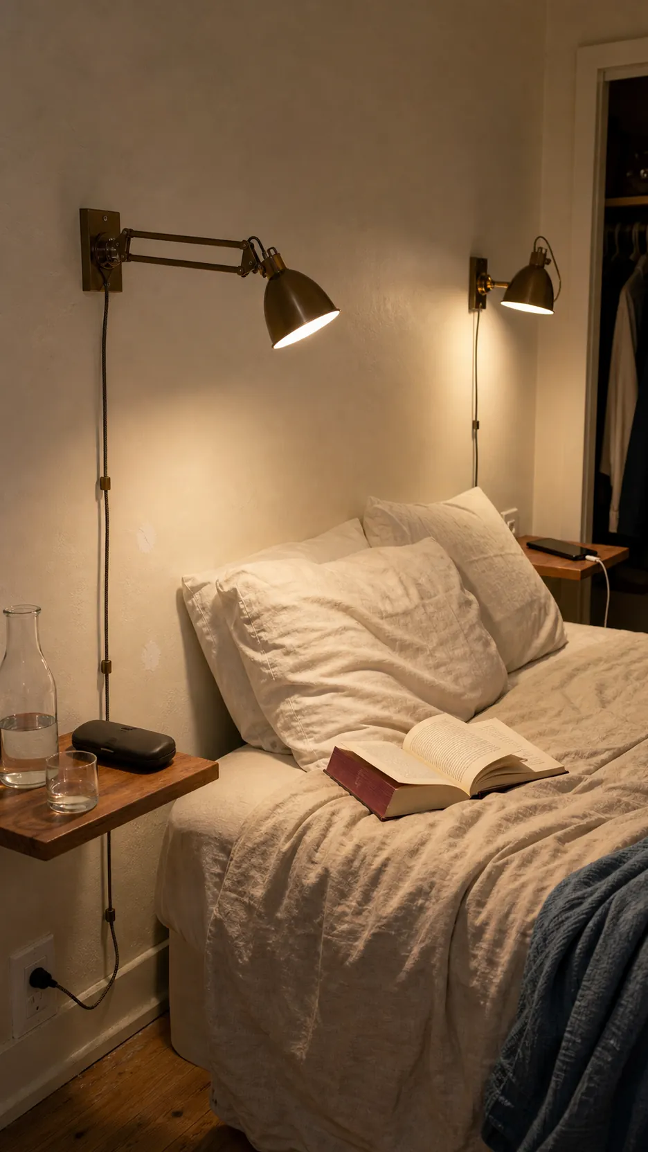 Renter-friendly plug-in sconces providing bedside lighting in a small bedroom