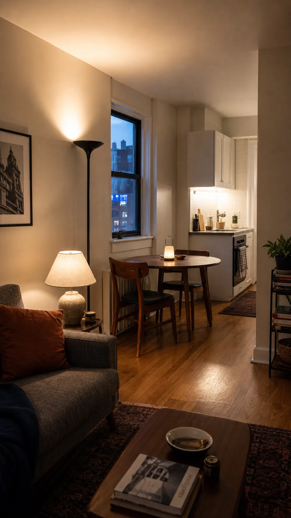 Layered small apartment lighting with plug-in lamps and no hardwiring