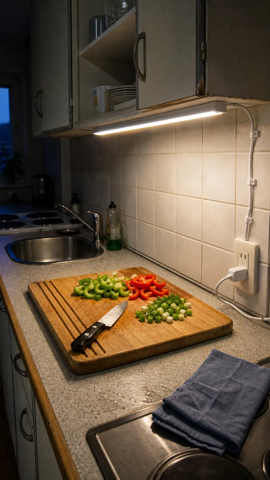 Plug-in under-cabinet task lighting on a small rental kitchen counter