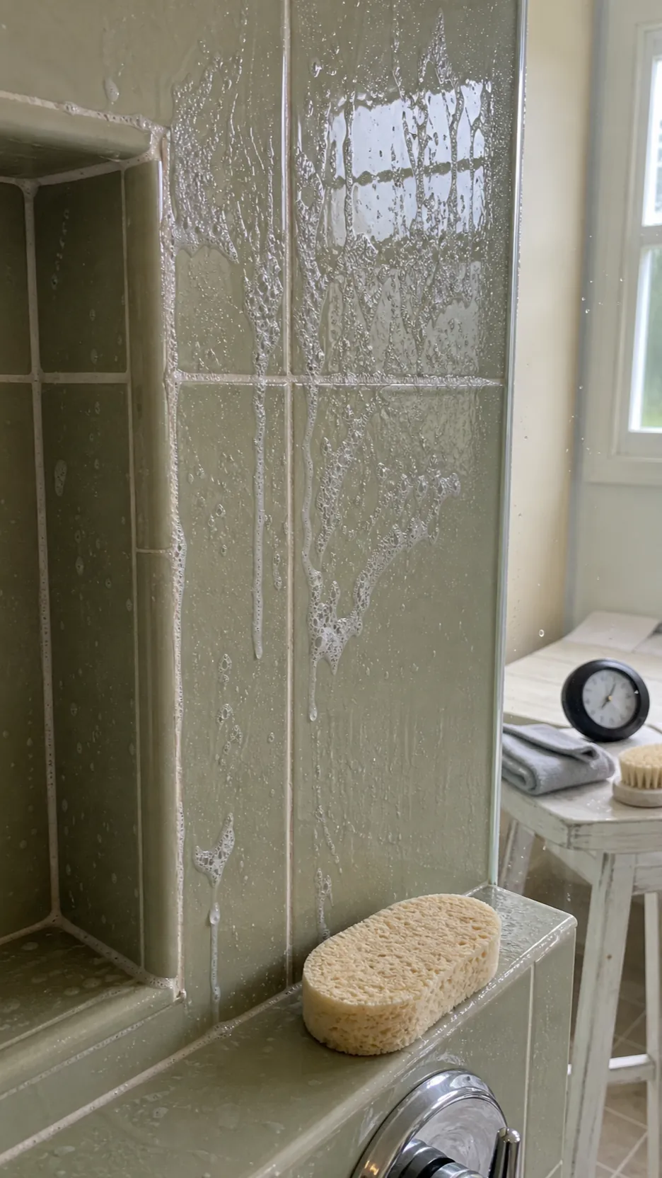Bathroom-safe cleaner dwelling on wet shower tile before gentle scrubbing