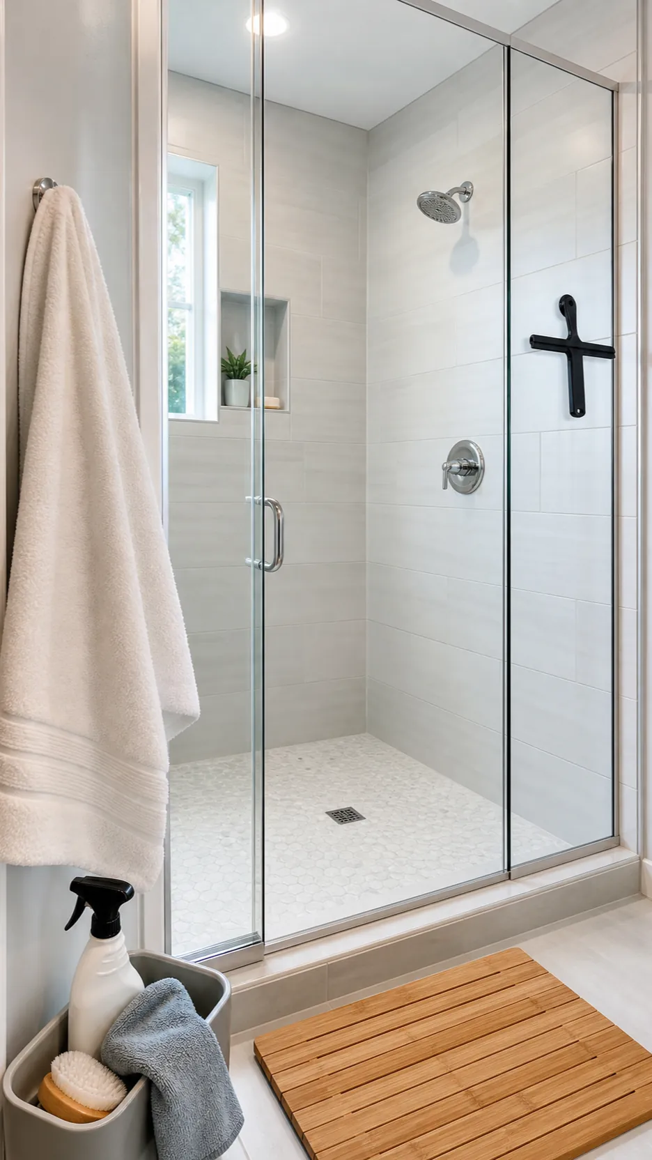 Freshly cleaned glass shower with a squeegee and simple cleaning caddy