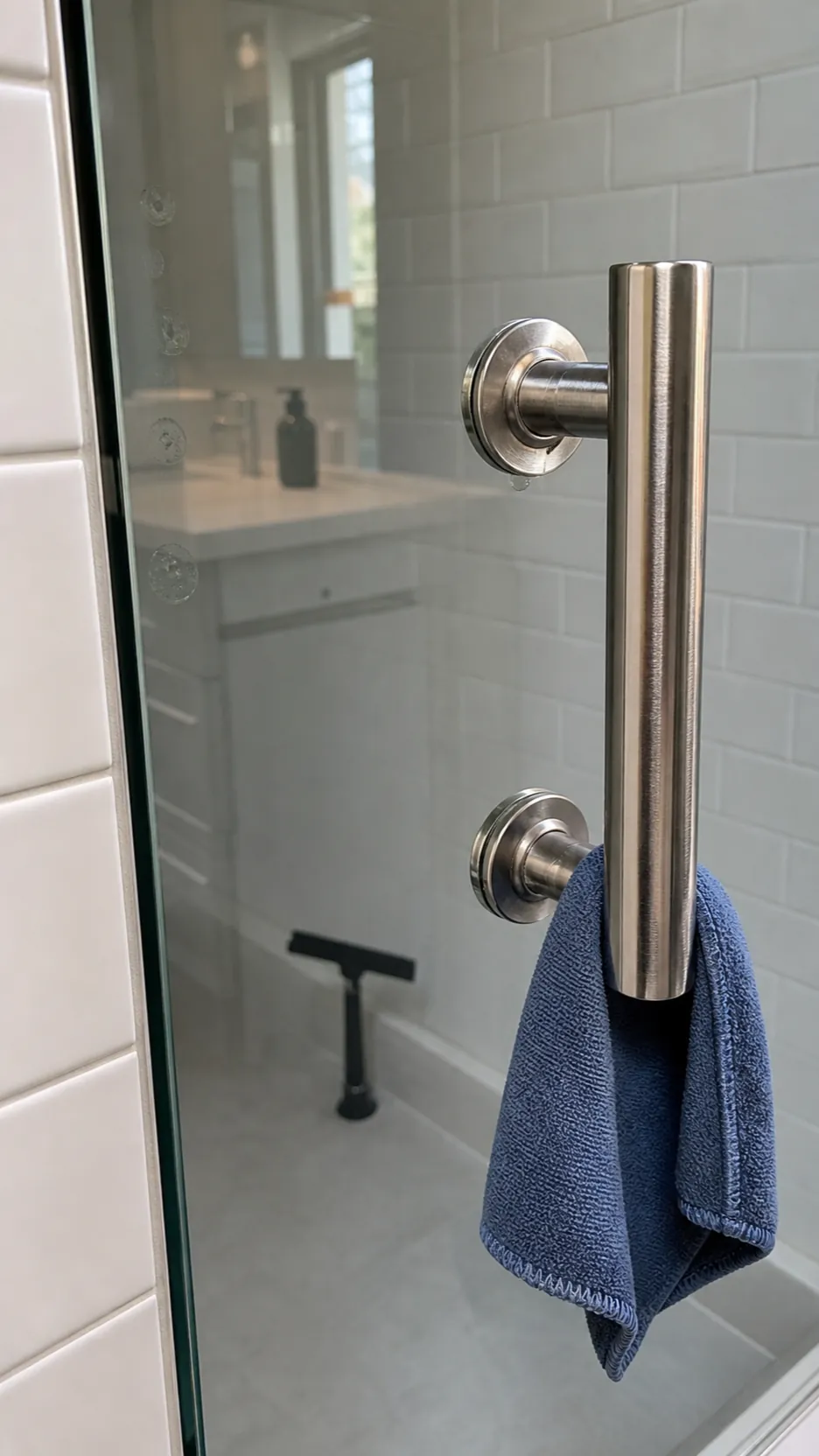 Microfiber cloth polishing shower glass beside carefully cleaned chrome fixtures
