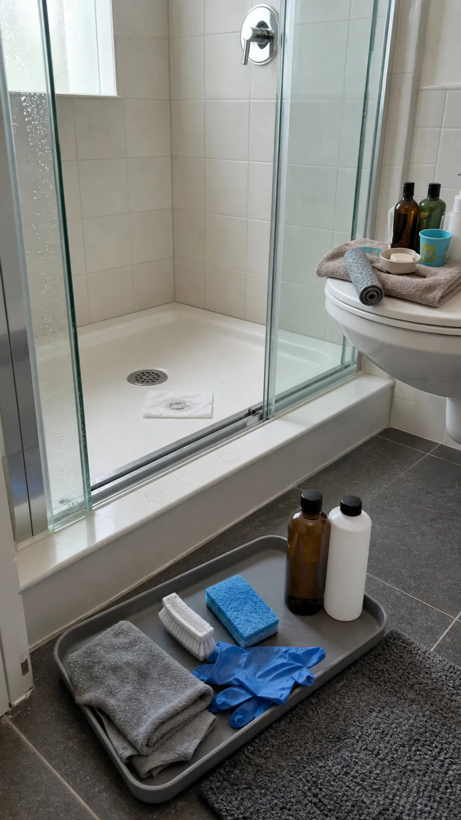 Empty shower ledge with cleaning tools ready for a surface-safe deep clean