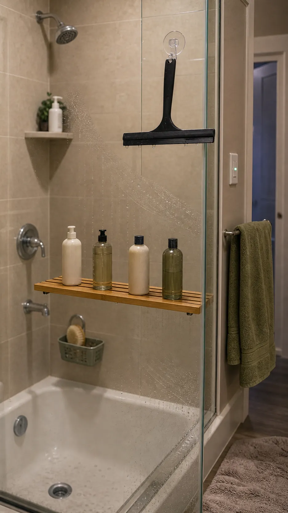 Squeegee and microfiber cloth used for a simple five-minute shower routine