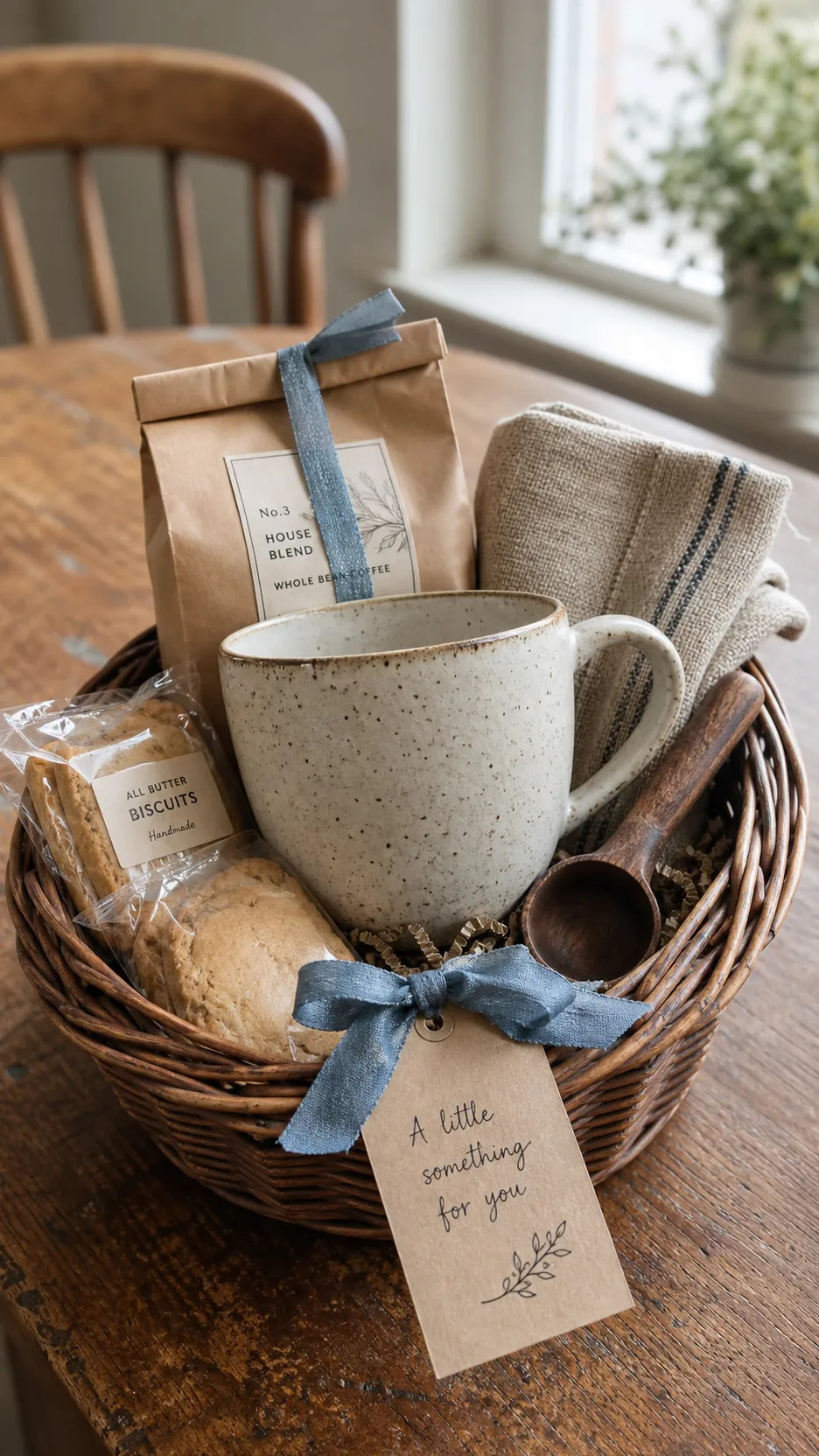 Beautiful coffee mug gift basket styled for a cozy home lover