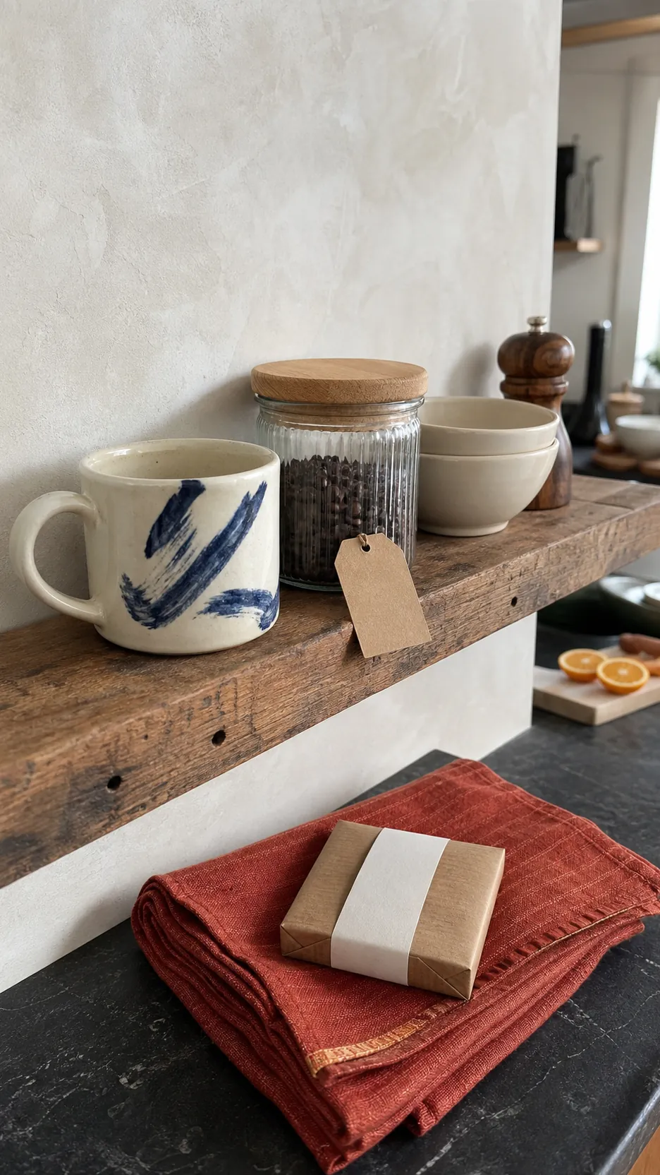 Styled kitchen shelf with handmade mug, lidded jar and folded tea towel