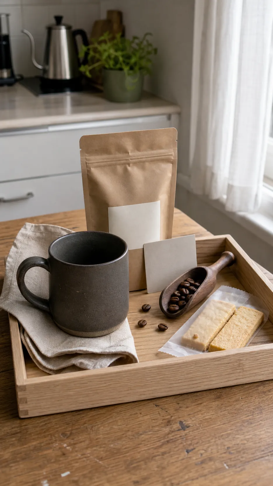 Stoneware coffee mug gift basket with beans, scoop and linen napkin