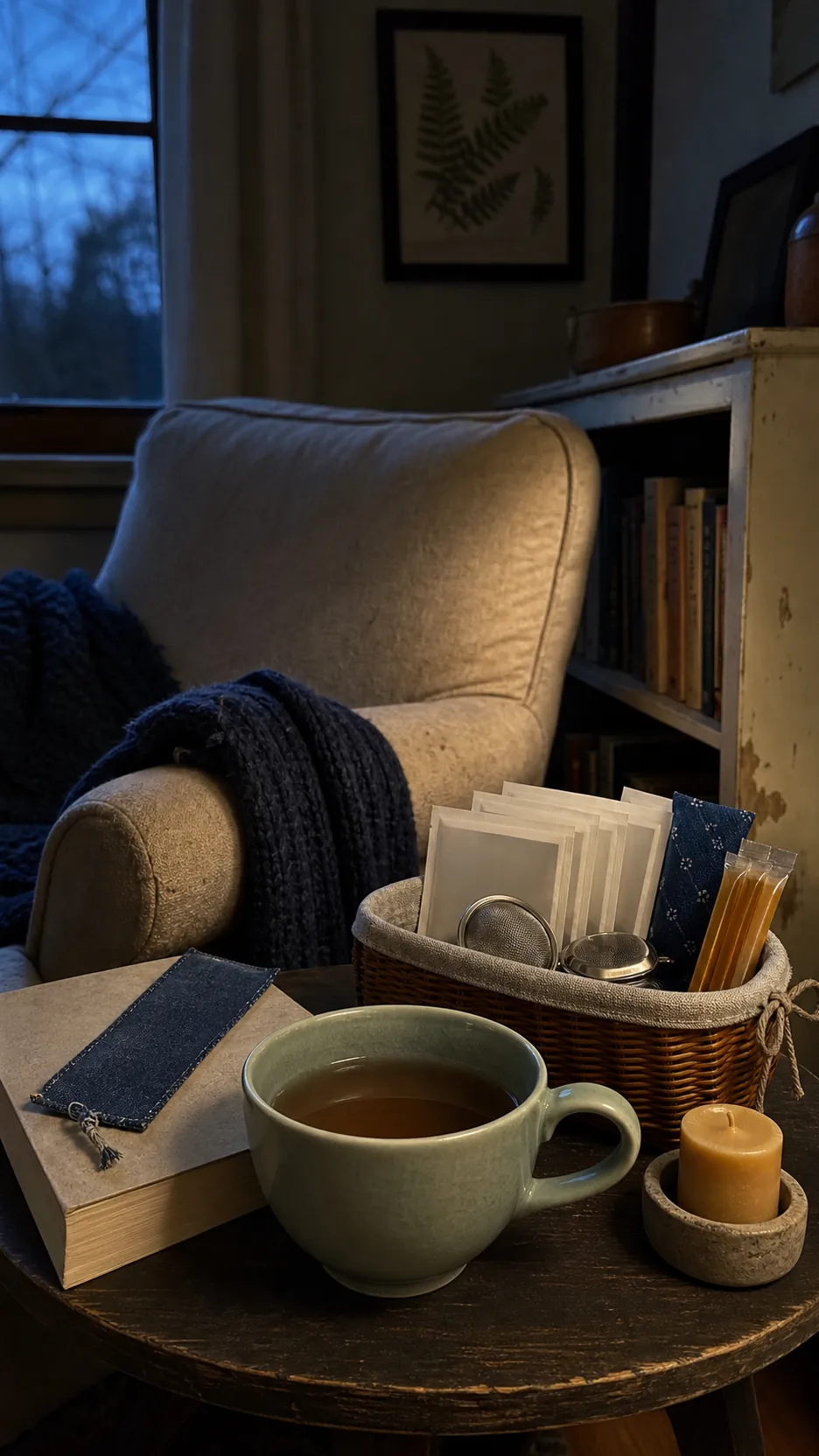 Cozy tea cup gift with tea, honey and bookmark beside a reading chair