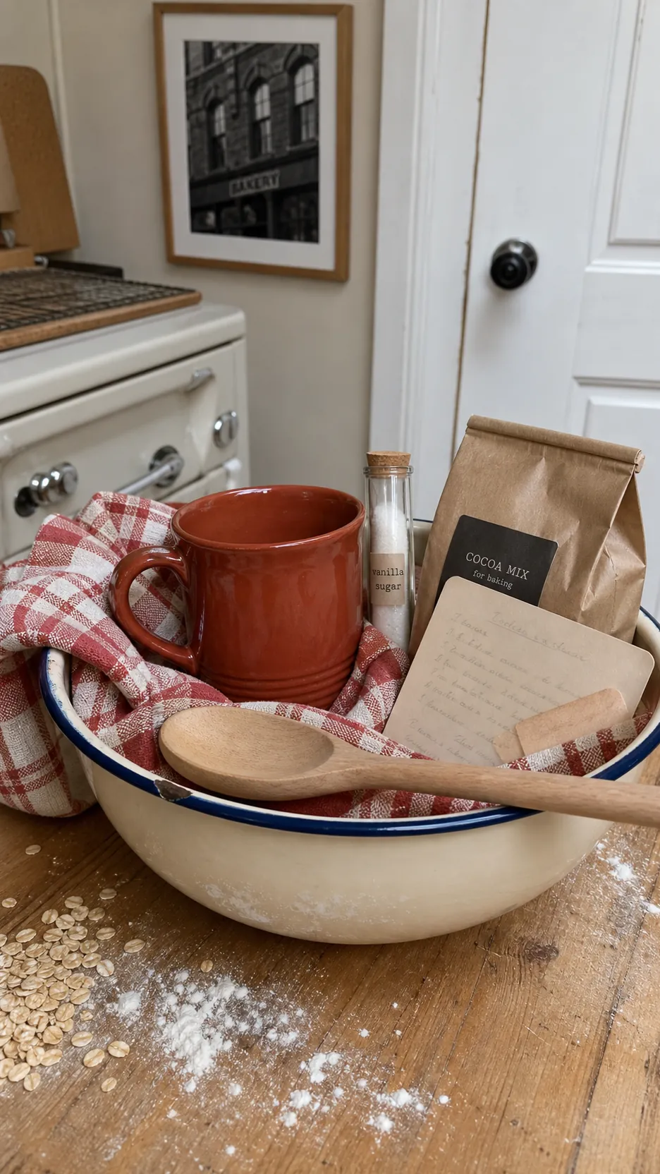 Baking day coffee gift with ceramic mug, wooden spoon and recipe card