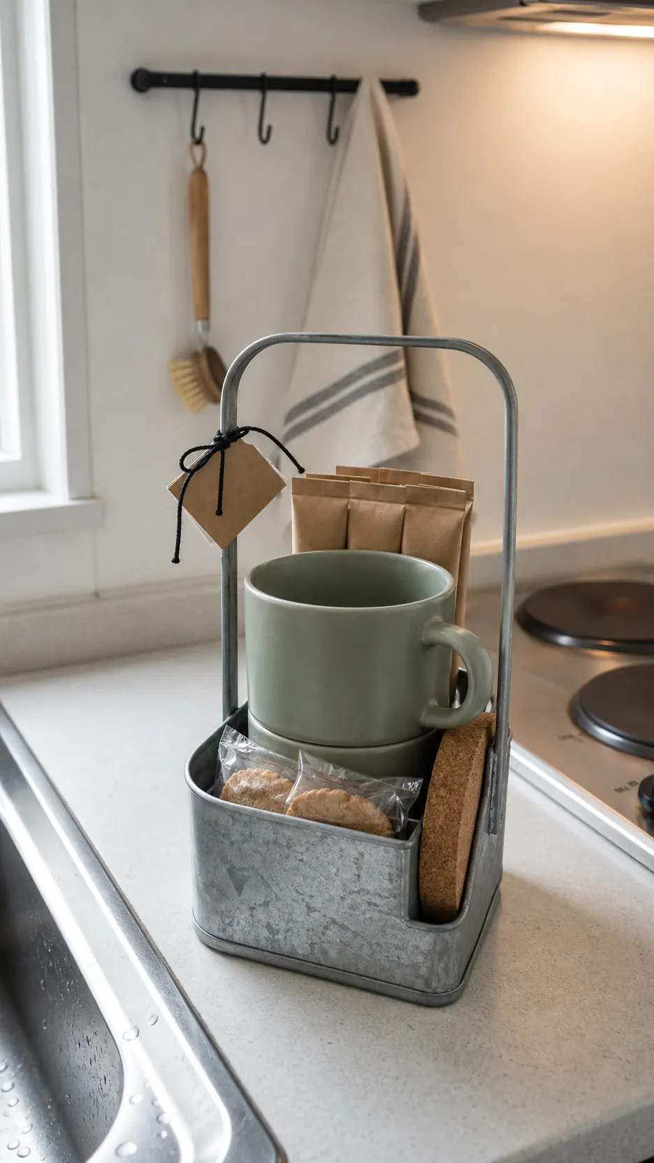 Compact mug gift arranged in a reusable metal caddy for a small kitchen