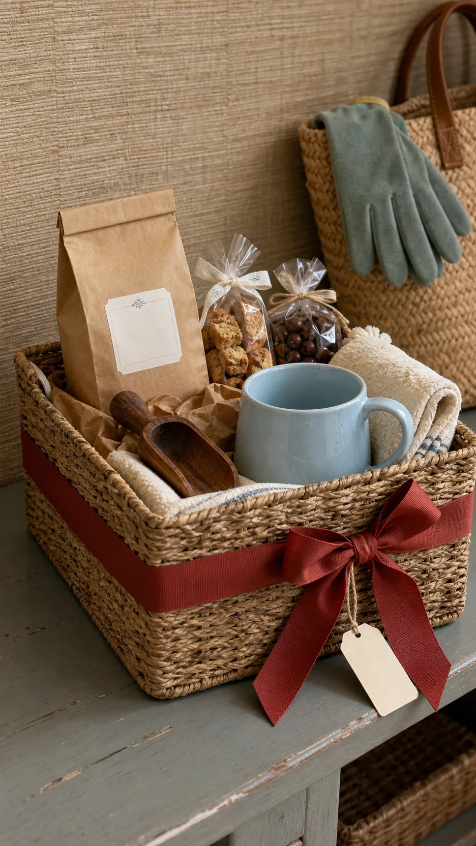 Reusable woven basket packaging a mug gift with kraft paper and ribbon