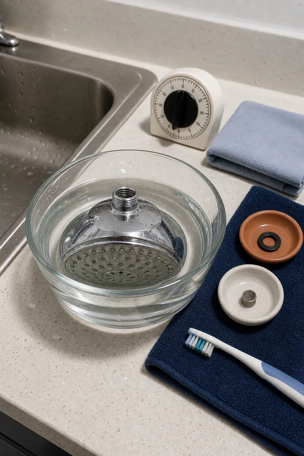 Removed chrome shower head soaking face-down in a small controlled container