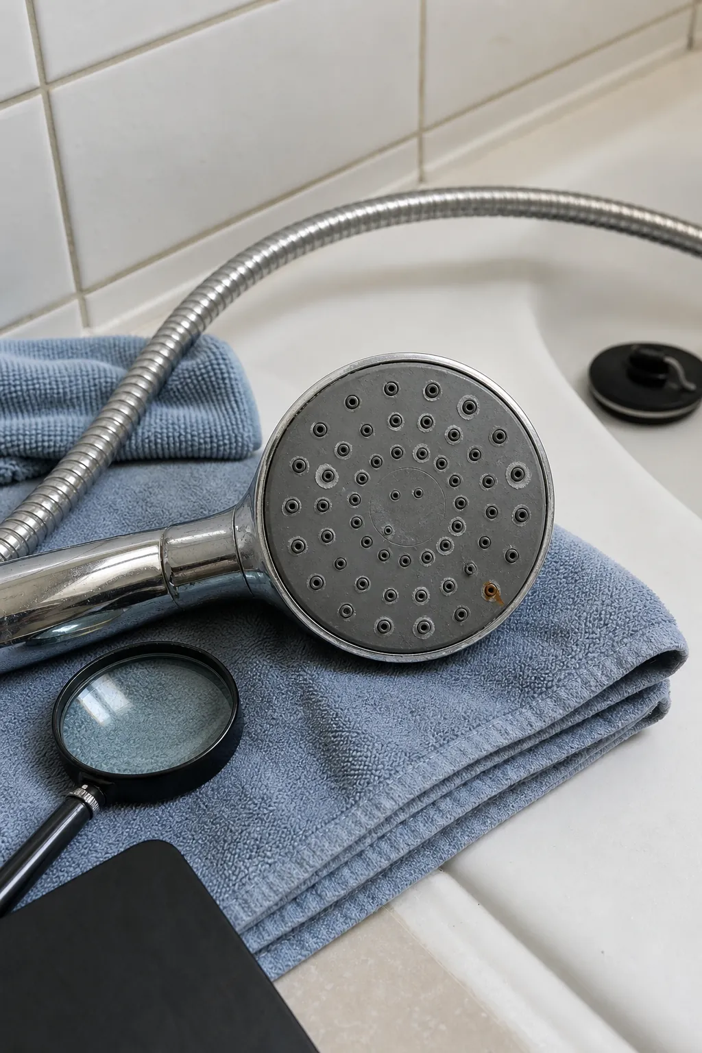 Mineral deposits and uneven spray holes inspected on a chrome shower head