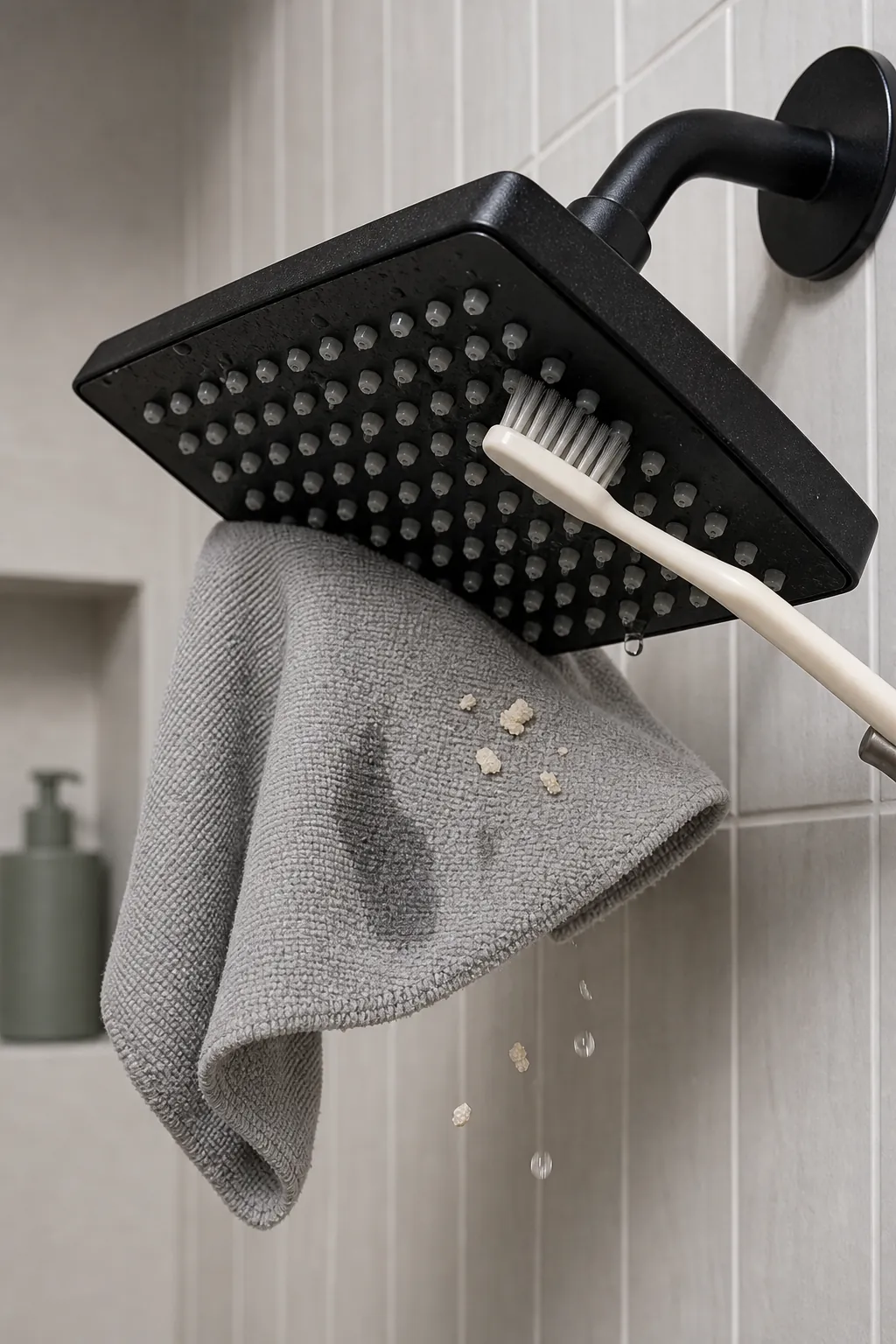 Soft toothbrush cleaning flexible shower head nozzles without scratching the finish