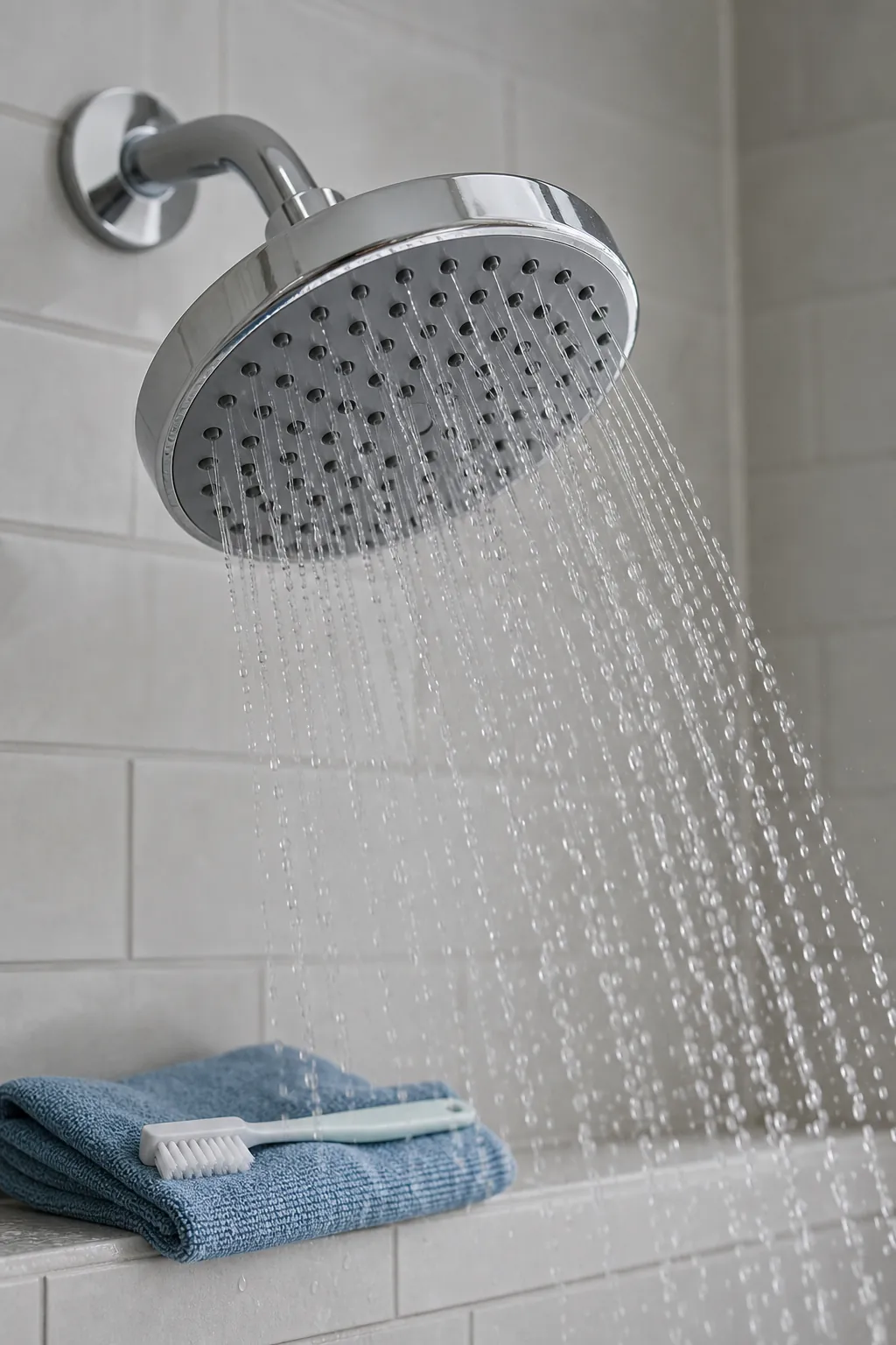 Clean chrome shower head spraying an even pattern in a bright bathroom