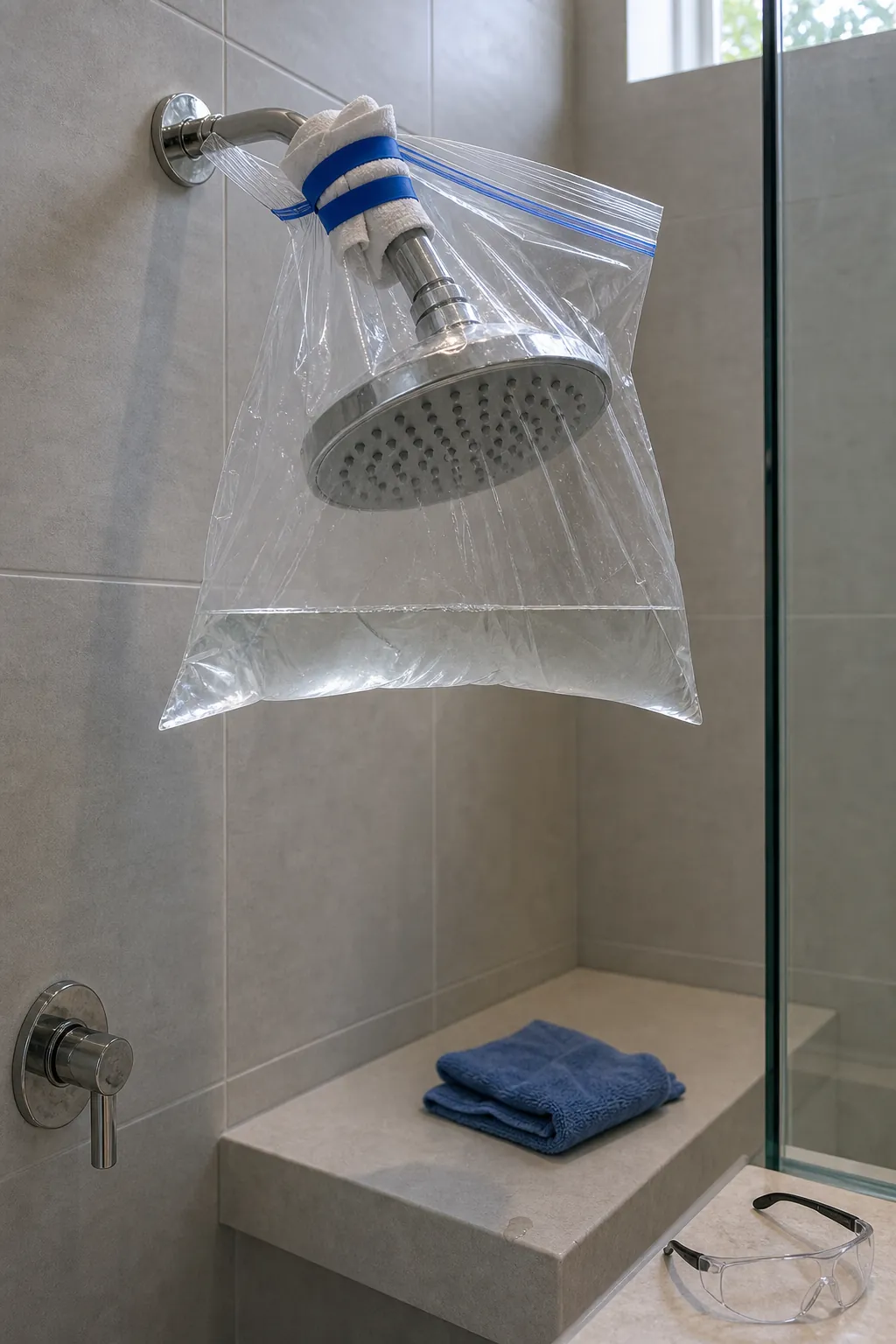 Leakproof descaling bag safely supported around a fixed shower head spray face