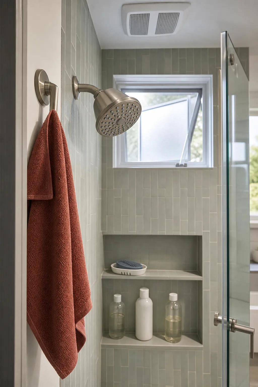 Dry microfiber cloth and clean shower head ready for simple weekly care