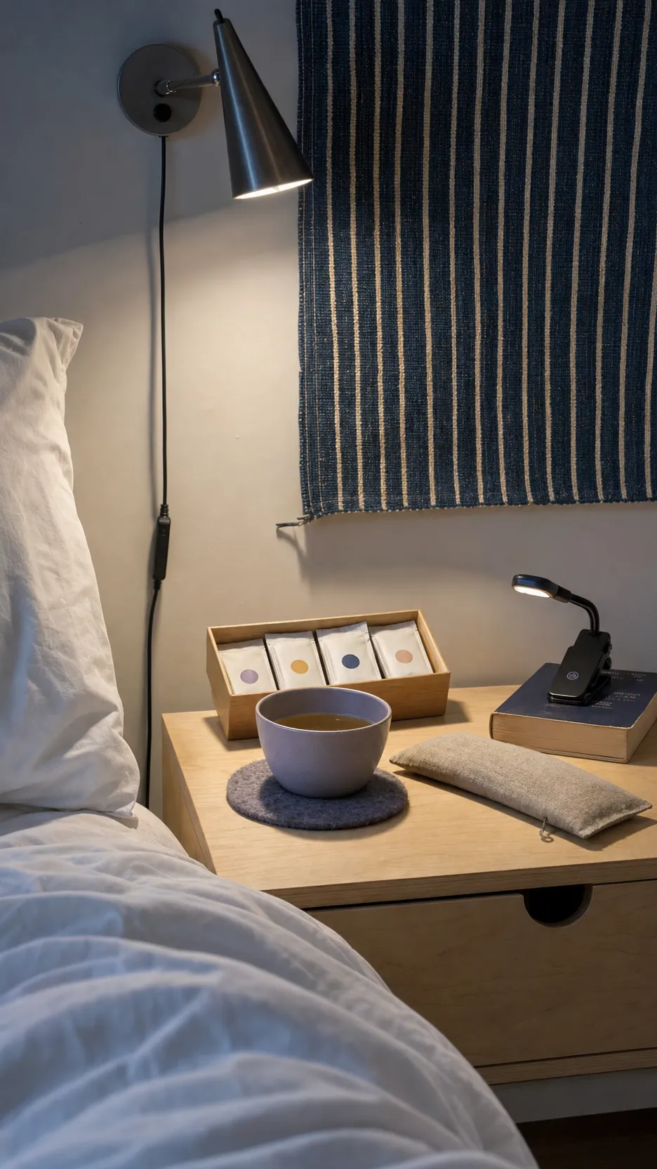 Bedside herbal tea cup gift with sampler and linen eye pillow
