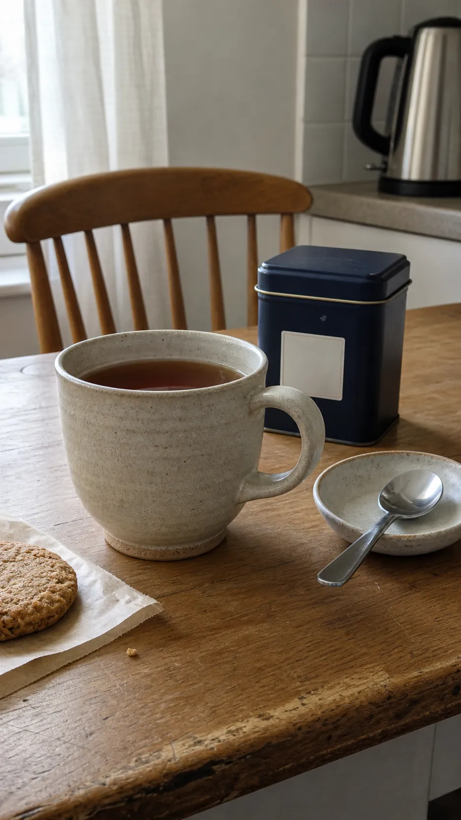 Comfortable handmade tea cup with tea tin and spoon on a breakfast table