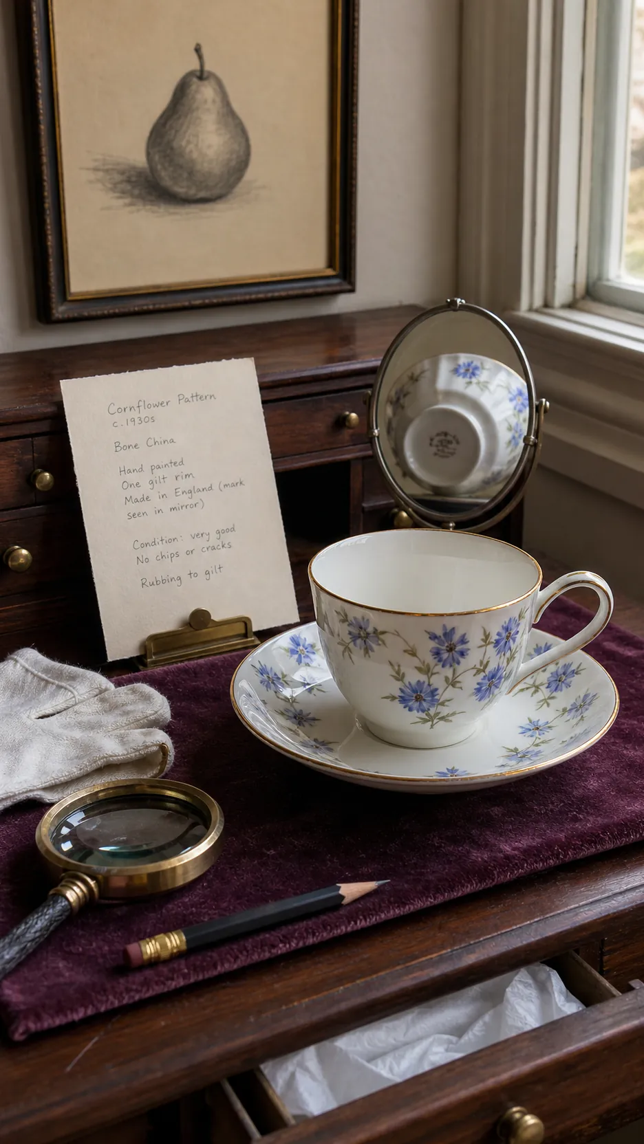 Vintage floral teacup and saucer gift with maker mark research card