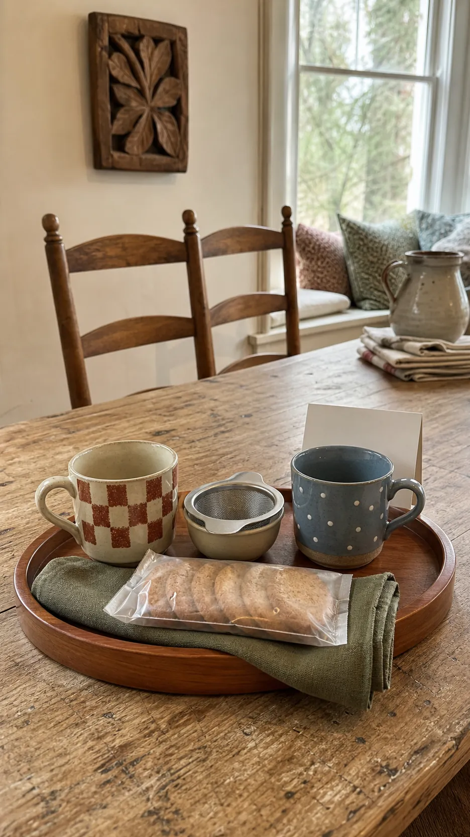 Cottage tea tray gift with two coordinating cups and sealed biscuits
