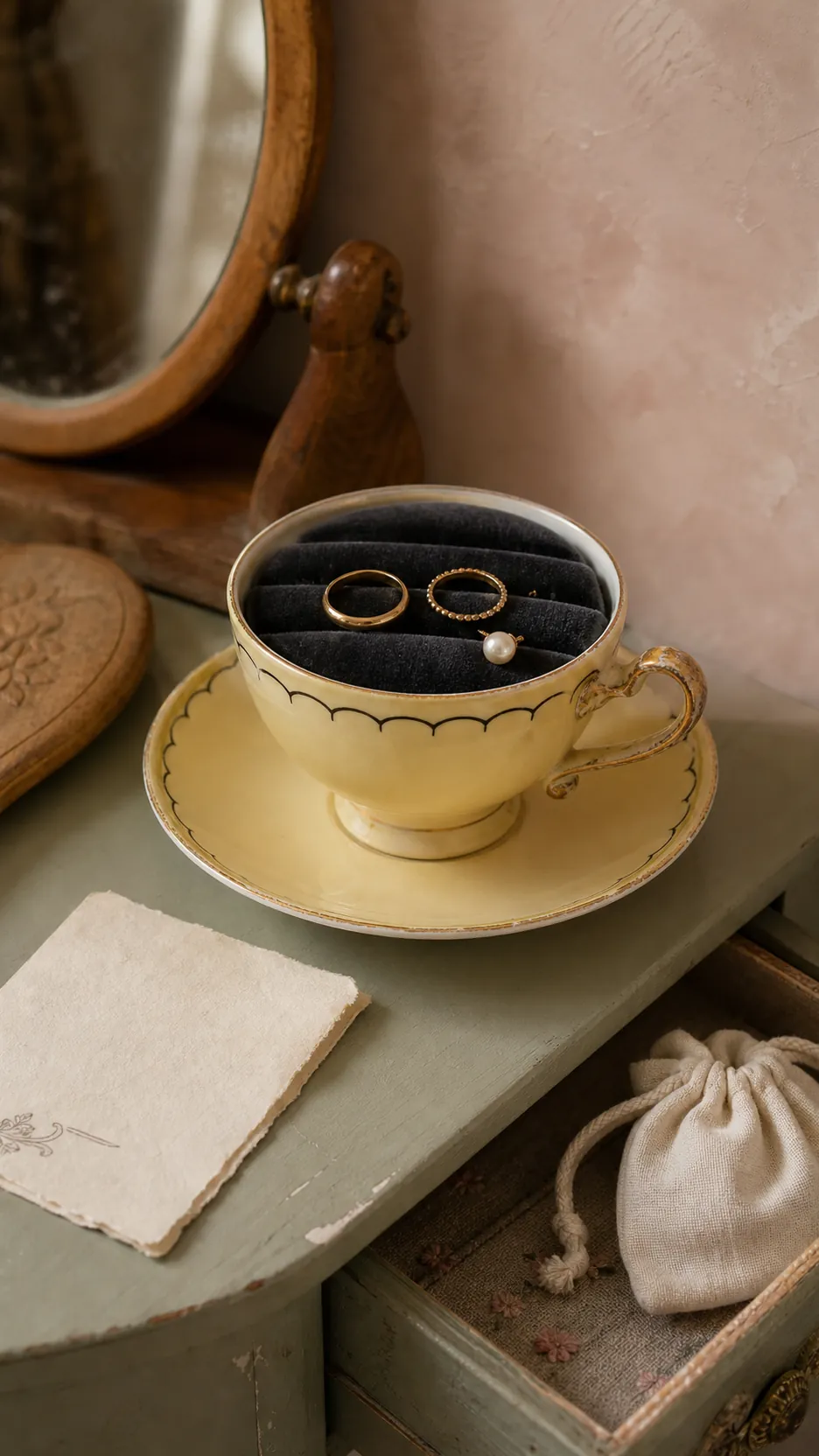 Decor-only vintage teacup used as a velvet jewelry holder