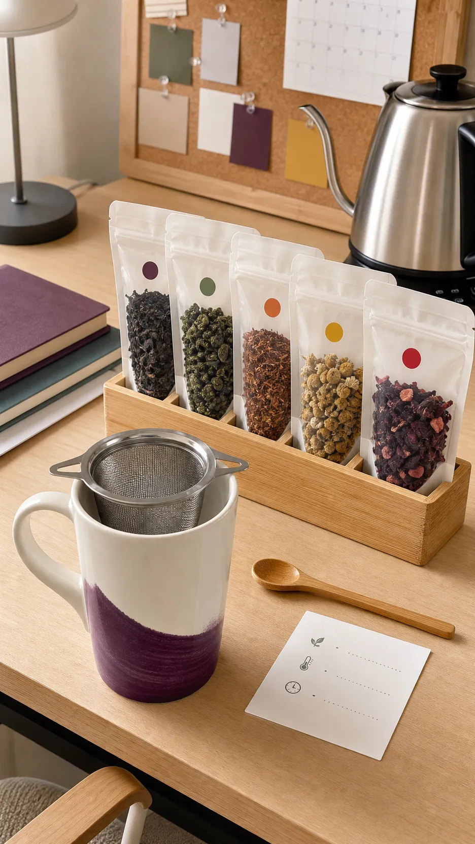 Pretty tea cup gift with five labeled loose leaf tea samples