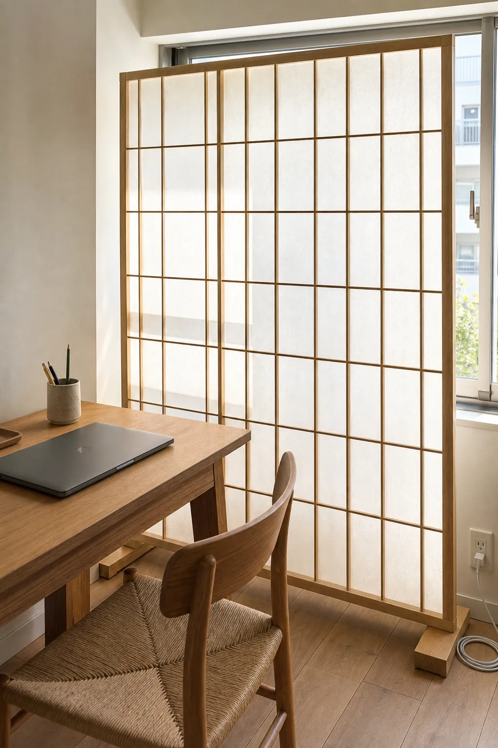 Shoji inspired screen filtering daylight in a modern room