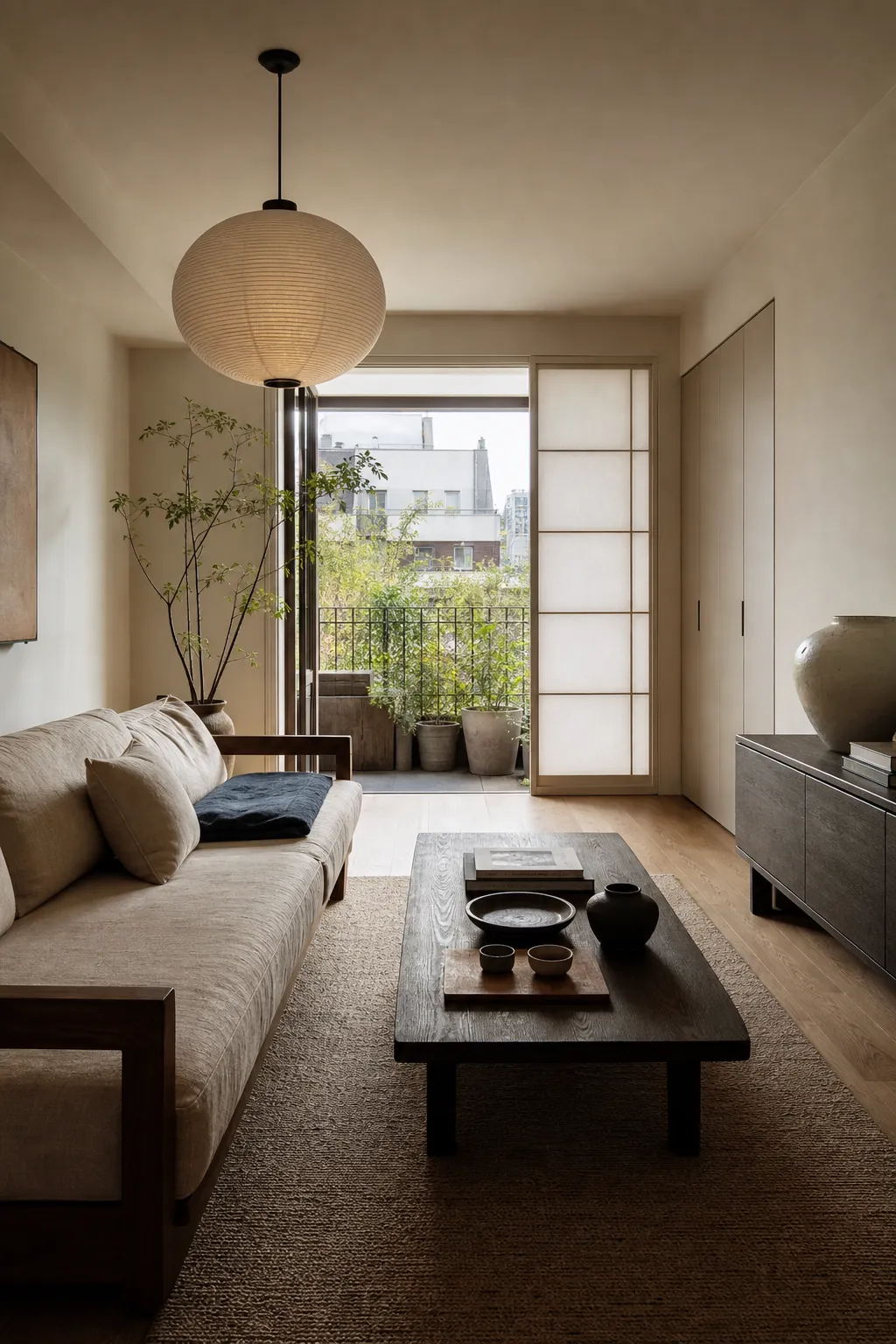 Layered Asian inspired home decor with natural wood, paper, ceramics, and indigo textile