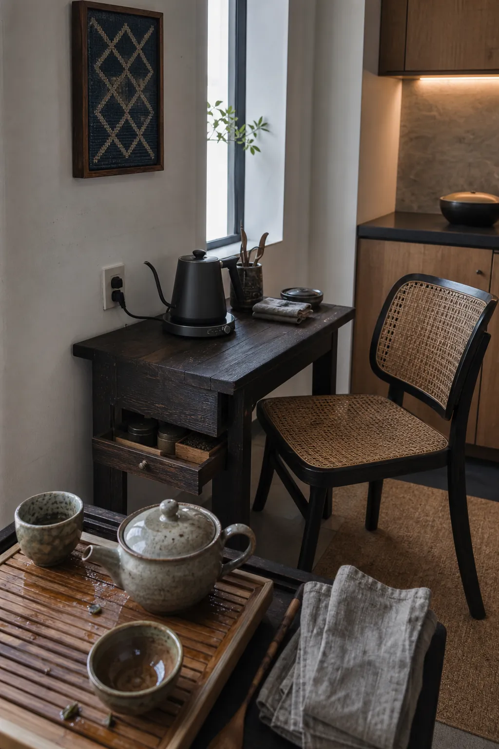 Practical Asian inspired tea corner with timber table