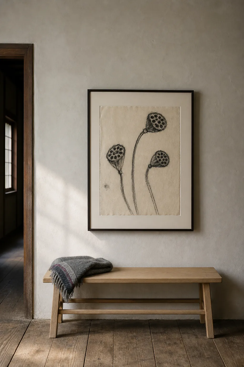 Modern Asian decor with a framed charcoal botanical study