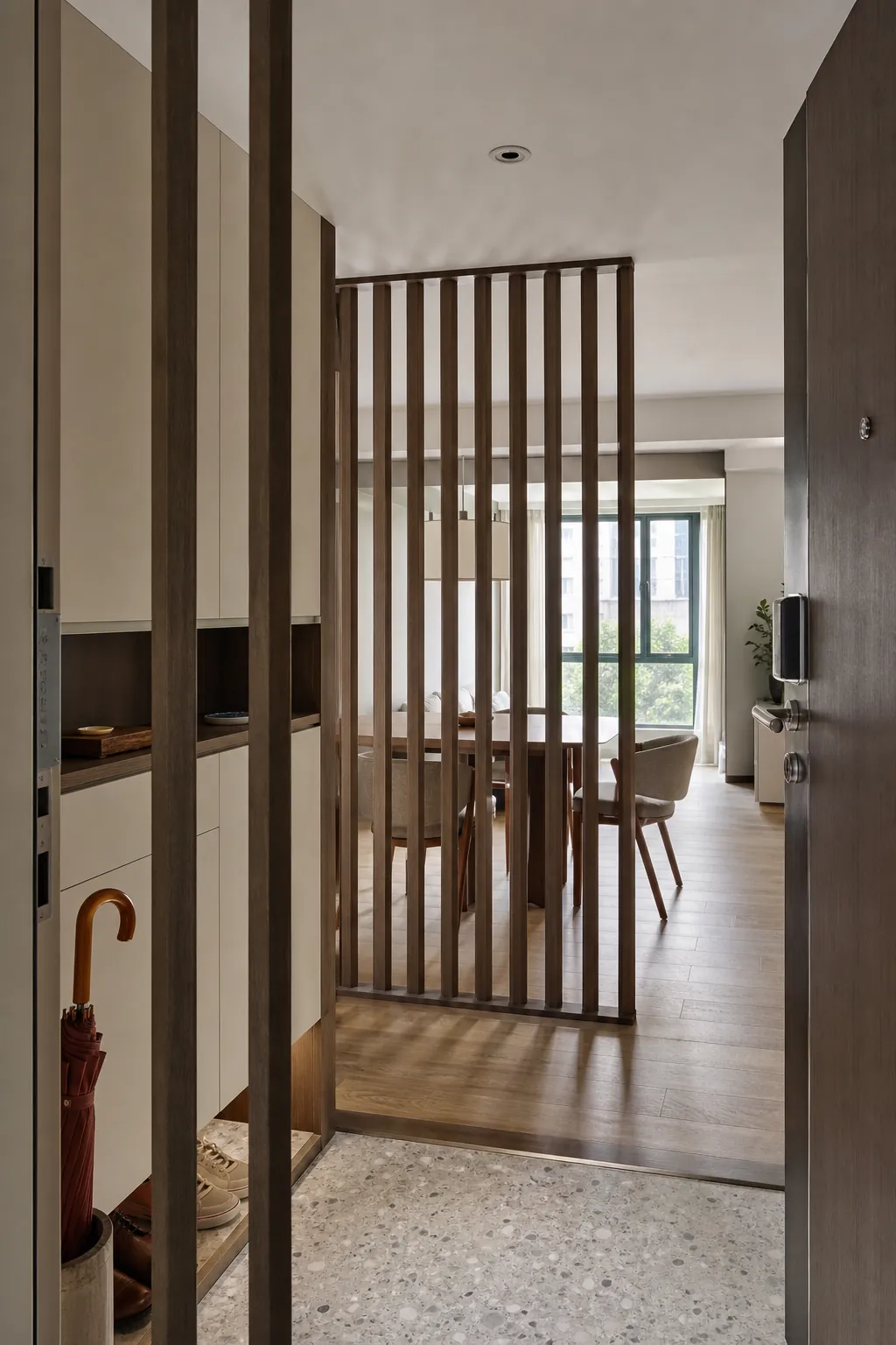 Timber slat divider in a modern Asian interior design
