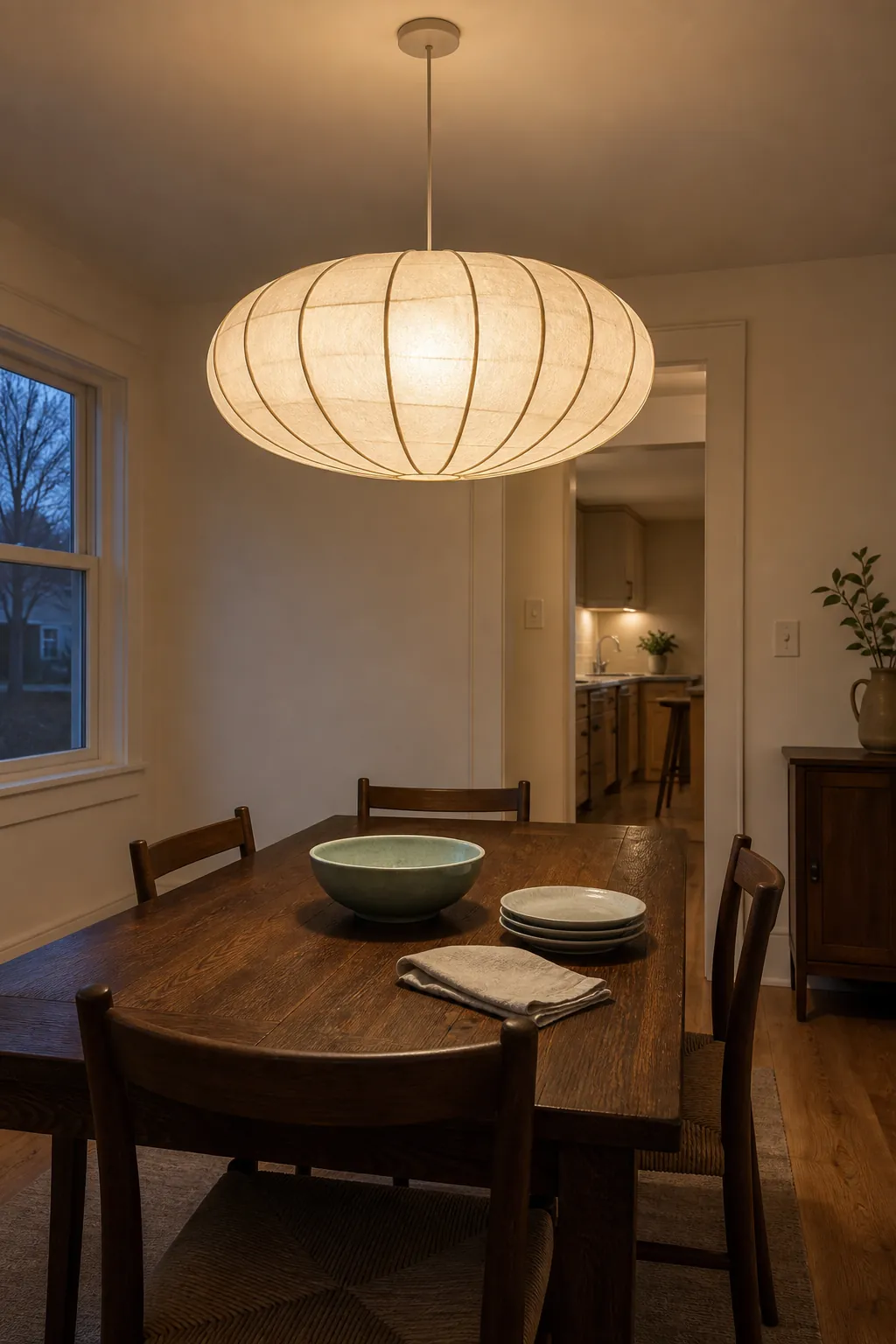 Sculptural paper lantern above a warm wood dining table