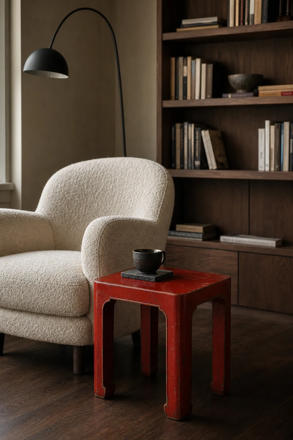 Modern Chinese interior with a restrained cinnabar red accent